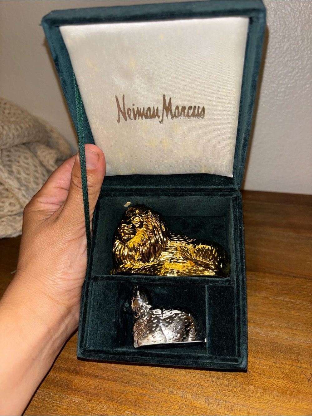 Neiman Marcus Gold & Silver Sculpted Lion Trinket Boxes